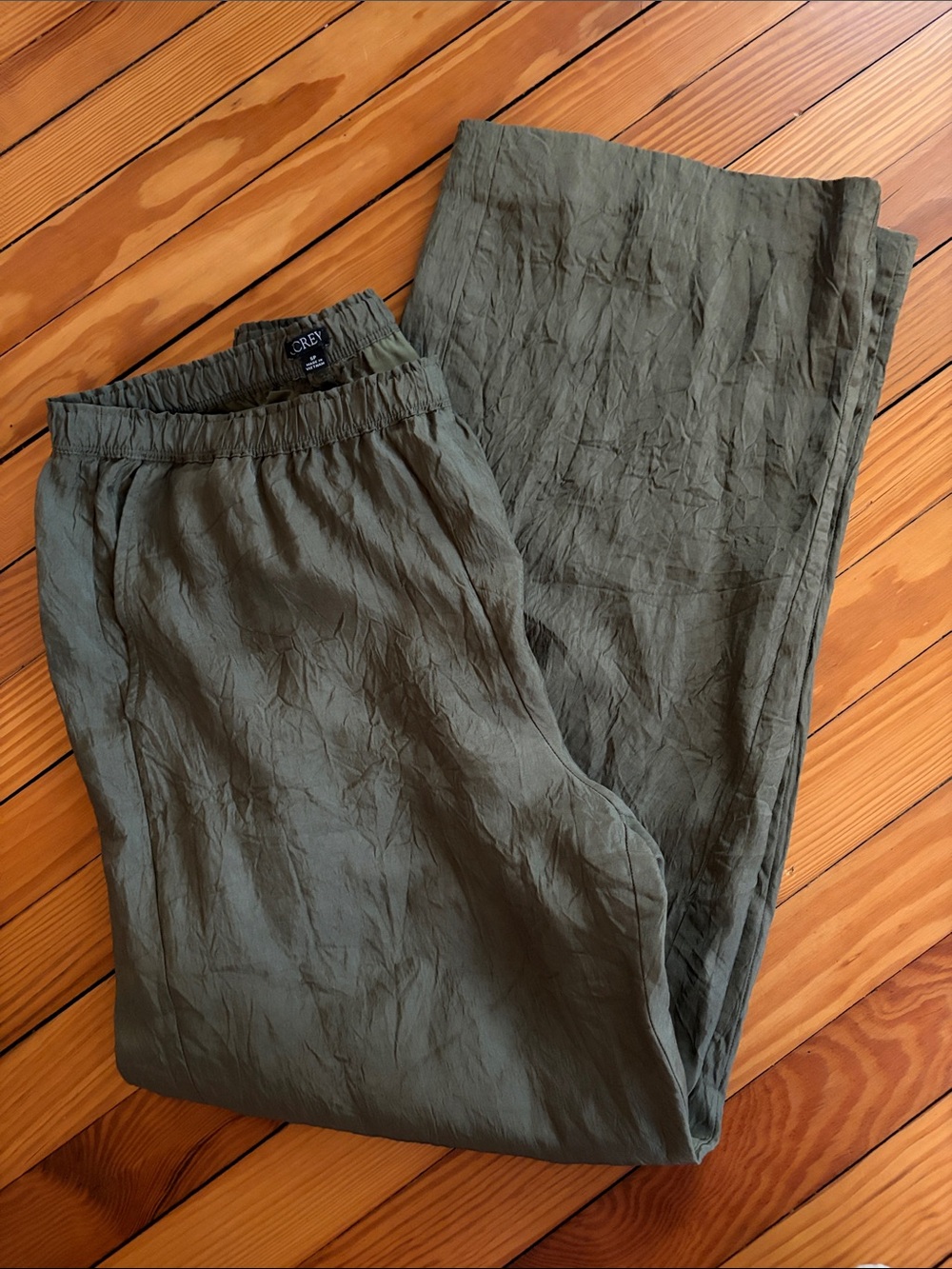 J. Crew Olive Pull-On Soleil Crinkled Viscose Blend Pants